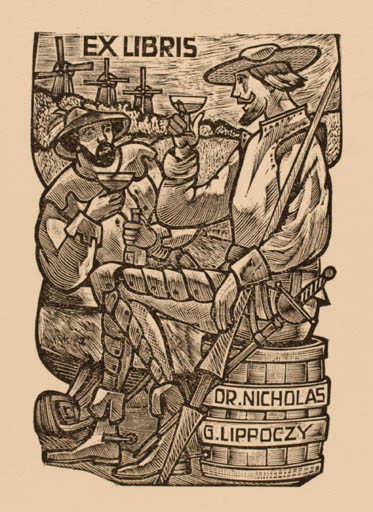 Exlibris by Jan Battermann from Netherland for Dr. Nicholas Lippoczy - Don Quijote Mill 