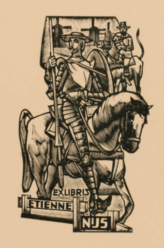 Exlibris by Jan Battermann from Netherland for Etienne Nus - Don Quijote Mill Horseman/Rider 