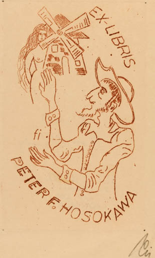 Exlibris by Illi Franz from Romania for Peter F. Hosokawa - Don Quijote Woman Mill 