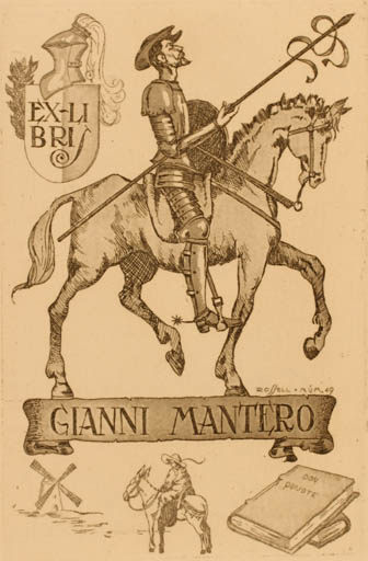 Exlibris by R Rossell from Spain for Gianni Mantero - Book Don Quijote Mill Horseman/Rider 