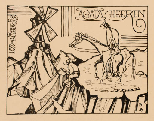 Exlibris by Eduardo Dias Ferreira from Portugal for Agatha Heeren - Don Quijote Mill Horseman/Rider 