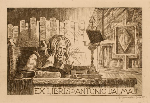 Exlibris by Julio Fernandez Saez from Spain for Antonio Dalmau - Book Don Quijote 