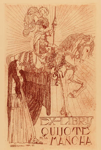 Exlibris by R Rossell from Spain for Quijote Mancha - Don Quijote Horseman/Rider 