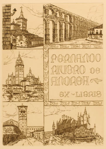 Exlibris by Rogelio P. Vizcaino from Italy for Fernando Rivero de Andrea - Architecture Castle/Palace City 