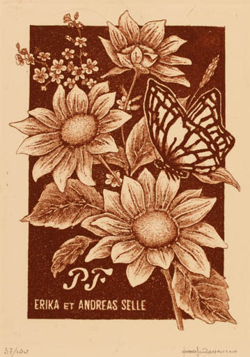 Exlibris by Paolo Rovegno from Italy for Erika & Andreas Selle - Flower Flora Butterfly 