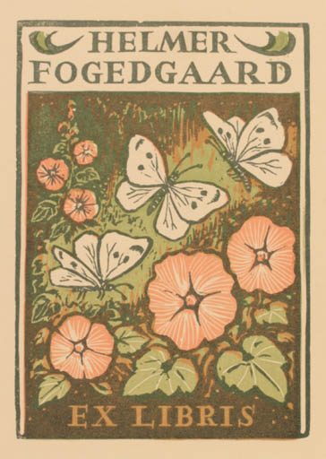 Exlibris by Michal Florian from Czechoslovakia for Helmer Fogedgaard - Flower Flora Butterfly 