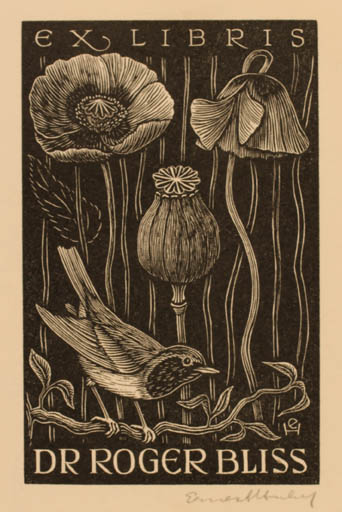 Exlibris by Ernest Huber from France for Dr. Roger Bliss - Flower Flora Bird 