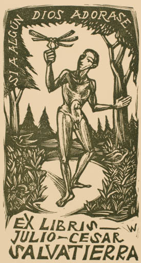 Exlibris by Remo Wolf from Italy for Julio- Cesar Salvatierra - Scenery/Landscape Man Nude 