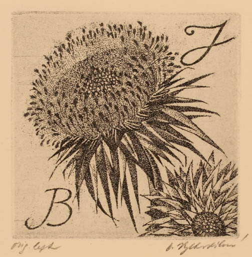 Exlibris by Olga Vychodilova from Czechoslovakia for ? B.J. - Flower Flora 