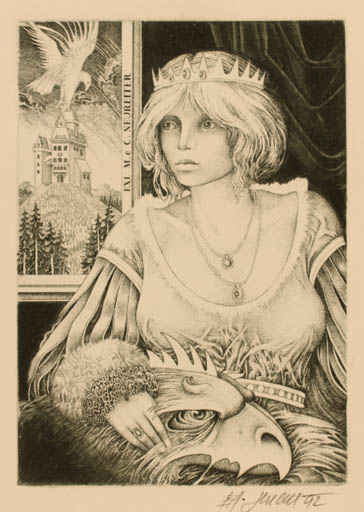 Exlibris by Josef Dudek from Czechoslovakia for M.C. Neureiter - Castle/Palace Bird Woman 