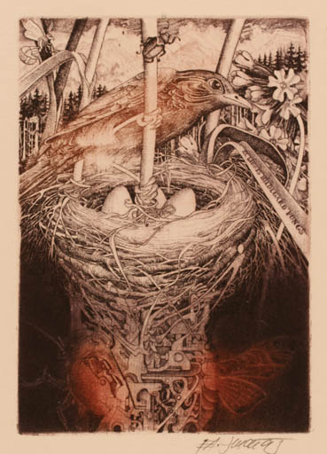 Exlibris by Josef Dudek from Czechoslovakia for Hildegard Pungs - Bird Insect Forest 