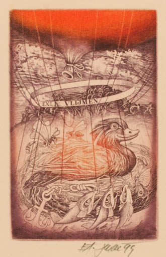 Exlibris by Josef Dudek from Czechoslovakia for Cor van Vlijmen - Fish Bird Insect 