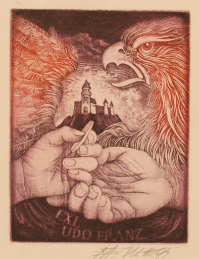 Exlibris by Josef Dudek from Czechoslovakia for Udo Franz - Castle/Palace Bird Hand(s) 