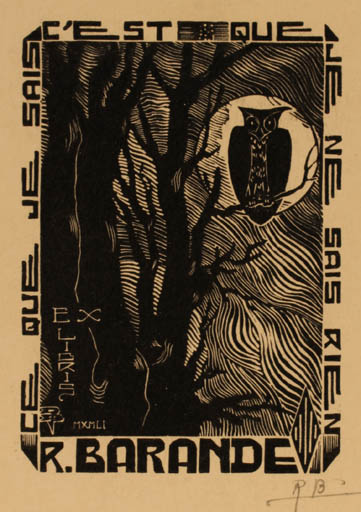 Exlibris by Rene Barande from France for Rene Barande - Tree Owl 