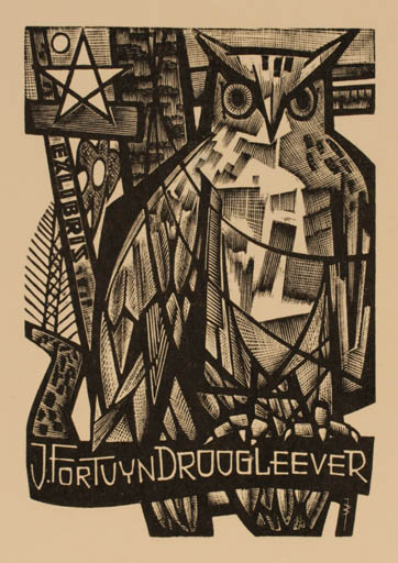 Exlibris by Jan Battermann from Netherland for J. Fortuyn Droogleever - Owl 