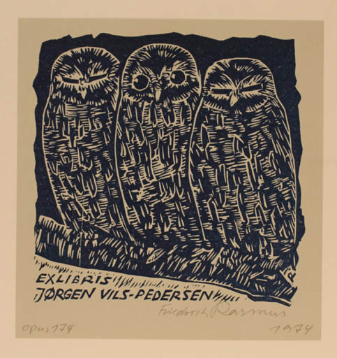 Exlibris by Friedrich Rasmus from Germany for Jørgen Vils Pedersen - Owl 