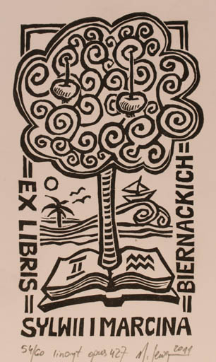 Exlibris by Malgorzaty Seweryn from Poland for Marcina Sylwii I Biernackich - Book Ship/Boat Tree 