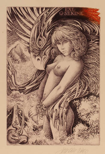 Exlibris by Josef Dudek from Czechoslovakia for George Sekine - Bird Woman 