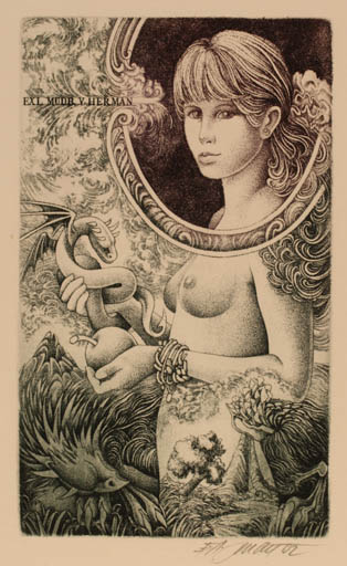 Exlibris by Josef Dudek from Czechoslovakia for Dr. Vaclav Herman - Woman Surrealism 