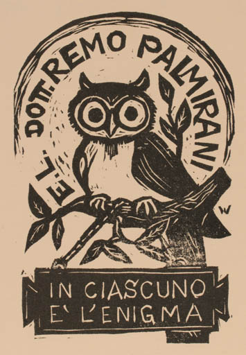 Exlibris by Remo Wolf from Italy for Rosellae Remo Pamirani - Owl 