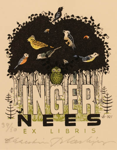 Exlibris by Christian Blæsbjerg from Denmark for Inger Nees - Bird Owl 