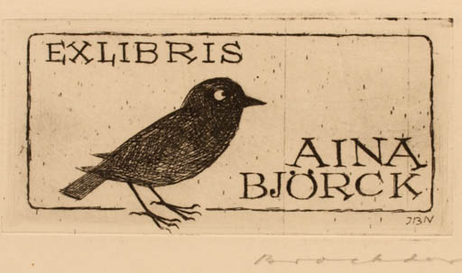 Exlibris by Jörgen Brockdorff-Nielsen from Denmark for Aina Björck - Bird 