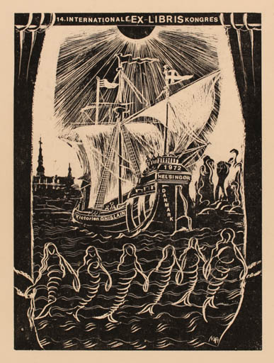 Exlibris by Marie-Louise Albessart from Belgium for Victorien Chislain - Castle/Palace Mermaid Ship/Boat 