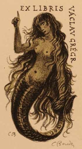 Exlibris by Cyril Bauda from Czechoslovakia for Vaclav Gregr - Mermaid 