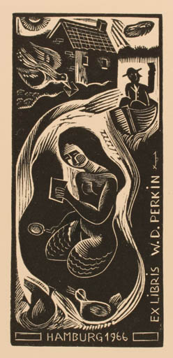 Exlibris by Jean- Pierre Dierickx from Belgium for W. D. Perkin - Bird Mermaid Man Ship/Boat 