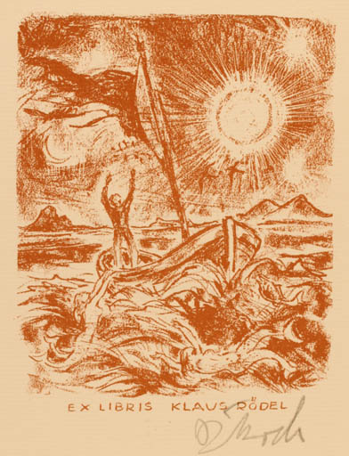 Exlibris by Rudolf Koch from Germany for Klaus Rödel - Mermaid Man Ship/Boat Sun 