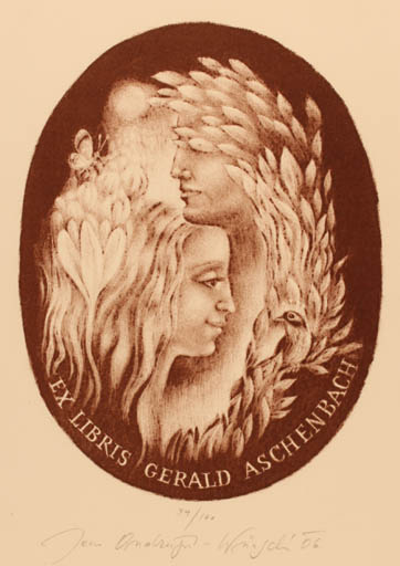 Exlibris by Jana Wüntschova - Ondrusová from Czechoslovakia for Gerald Aschenbach - Couple Romance 