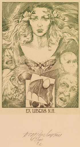 Exlibris by Miroslav Boros from Czechoslovakia for ? N.H. - Drama Group Woman Man Butterfly 