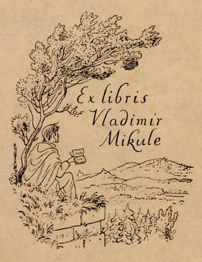 Exlibris by Cyril Bouda from Czechoslovakia for Vladimir Mikule - Book Scenery/Landscape Man Tree 