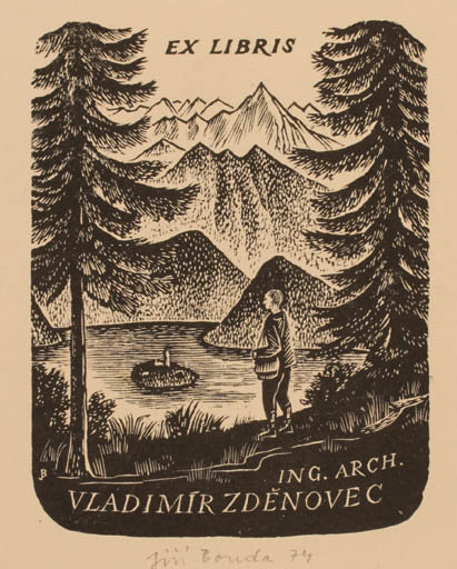 Exlibris by Jiri Bouda from Czech Republic for Ing. Vladimir Zdenovec - Mountain Scenery/Landscape Man 