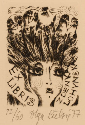 Exlibris by Olga Cechova from Czechoslovakia for Zdenka Lohynska - Bird Woman Portrait 