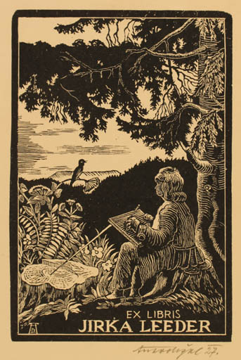 Exlibris by Antonin Dolezal from Czechoslovakia for Jirka Leeder - Flora Bird Scenery/Landscape Man Tree 