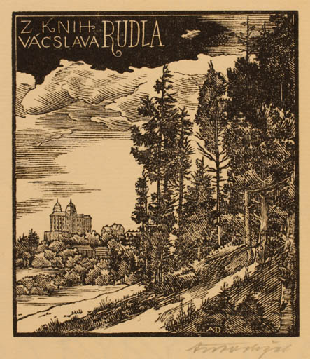 Exlibris by Antonin Dolezal from Czechoslovakia for Vácslava Rudla - Castle/Palace Scenery/Landscape Forest 