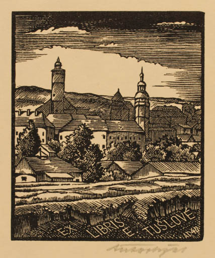 Exlibris by Antonin Dolezal from Czechoslovakia for E Tuslove - City Scenery/Landscape 