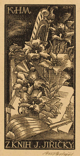 Exlibris by Antonin Dolezal from Czechoslovakia for J Jiricky - Flower Book Flora Music 