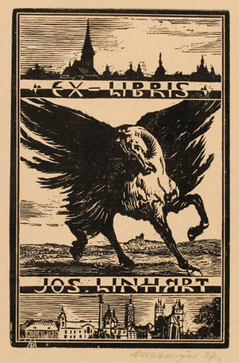 Exlibris by Antonin Dolezal from Czechoslovakia for Jos Linhart - City Horse Pegasus 