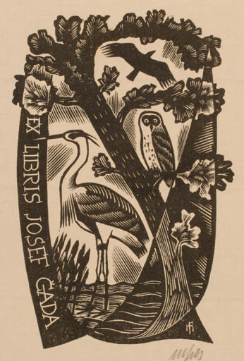 Exlibris by Dr. Otakar Marik from Czechoslovakia for Josef Gada - Fauna Bird Tree Owl 