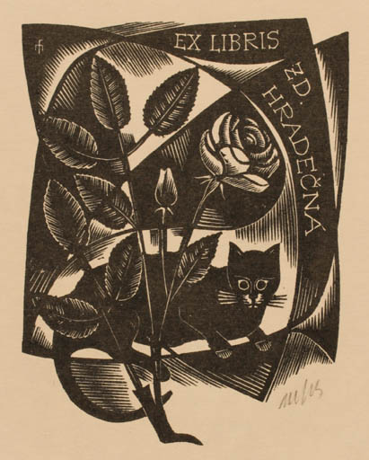 Exlibris by Dr. Otakar Marik from Czechoslovakia for Zd Hradecna - Flower Flora Cat 