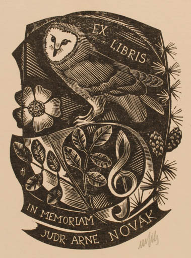 Exlibris by Dr. Otakar Marik from Czechoslovakia for Judr. Arne Novak - Flower Flora Music Owl 