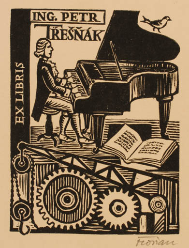 Exlibris by Michal Florian from Czechoslovakia for Ing. Petr Tresnak - Book Bird Man Music Technology 