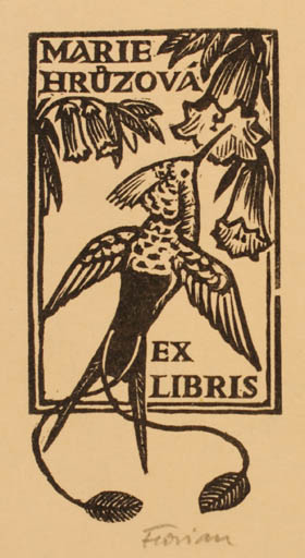 Exlibris by Michal Florian from Czechoslovakia for Marie Hrüzová - Flower Flora Bird 