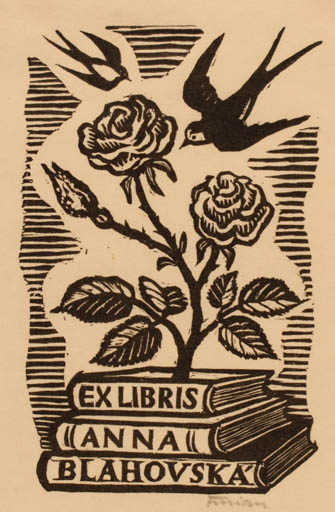 Exlibris by Michal Florian from Czechoslovakia for Anna Blahovska - Flower Book Flora Bird 