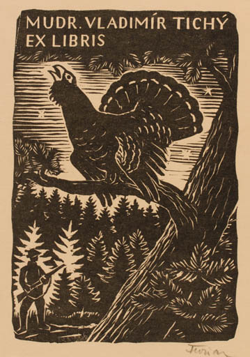 Exlibris by Michal Florian from Czechoslovakia for Vladimir Tichy - Bird Forest Tree 