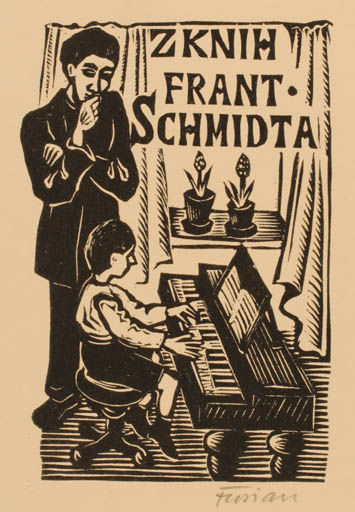 Exlibris by Michal Florian from Czechoslovakia for Frantiska Schmidta - Child Interior Man Music 