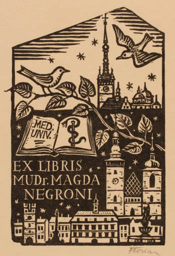 Exlibris by Michal Florian from Czechoslovakia for Magda Negroni - City Bird Church Medicine 