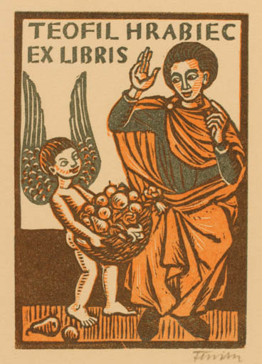 Exlibris by Michal Florian from Czechoslovakia for Teofil Hrabiec - Child Angel Fruit Man 